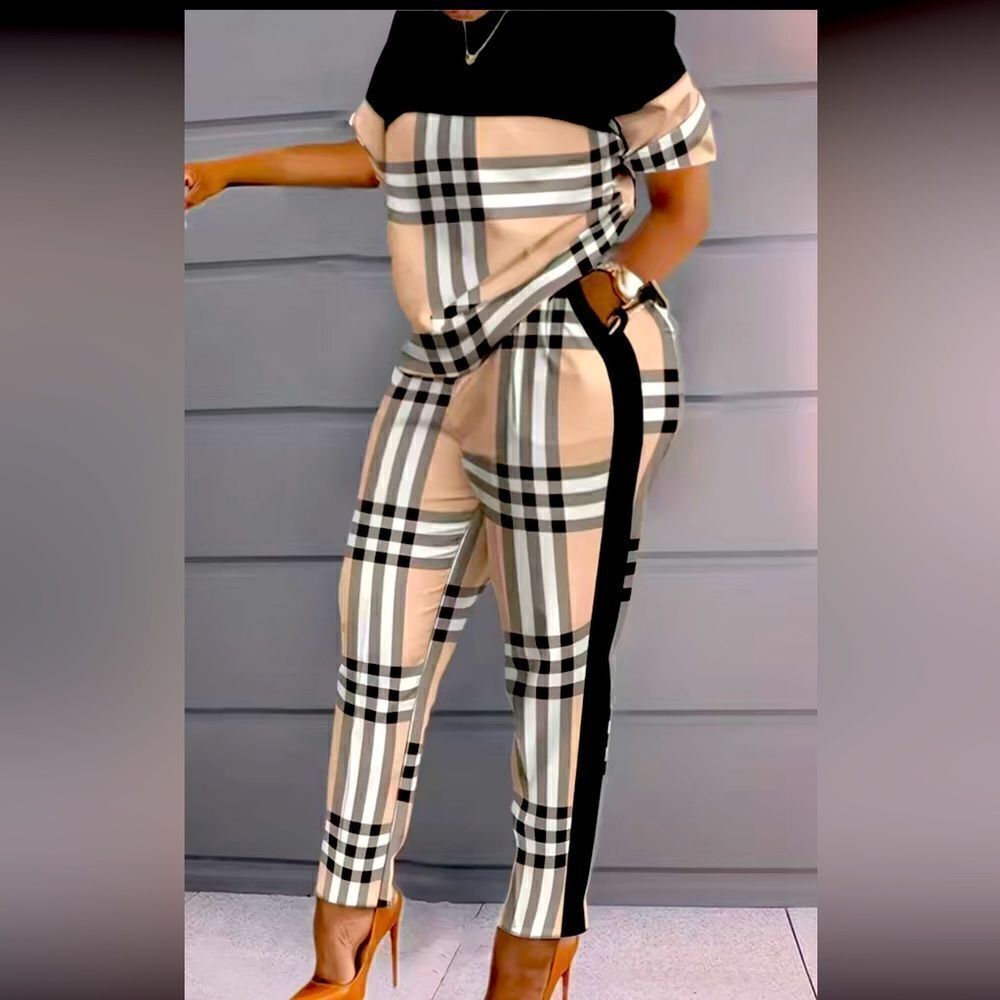 Beige Plaid Short-Sleeve Jumpsuit with Black Side Stripe